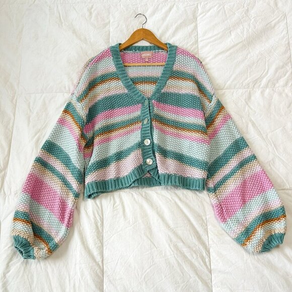 Show Me Your Mumu Good Karma Sherbert Stripe Knit Cardigan Size Large Pink Green - Picture 4 of 11
